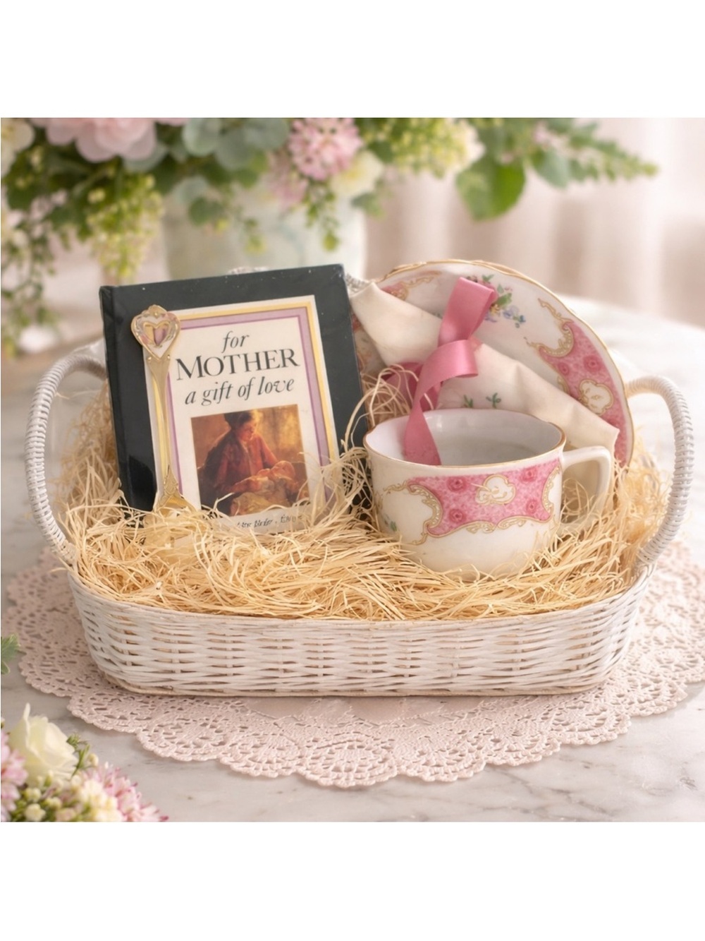 Tea Gift Set for Mother - Pink and White Porcelain Cup & Saucer